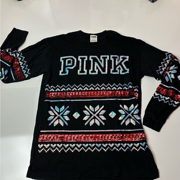 Pink Victorias Secret Long Sleeve sequin holiday Shirt - Picture 1 of 8